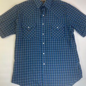 Ely Outfitters Plaid Blue Pearl Snap Button Up Short Sleeve  Shirt Men's…